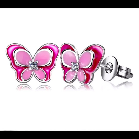 Authentic Pink Sterling Silver Butterfly Earrings - Picture 1 of 6